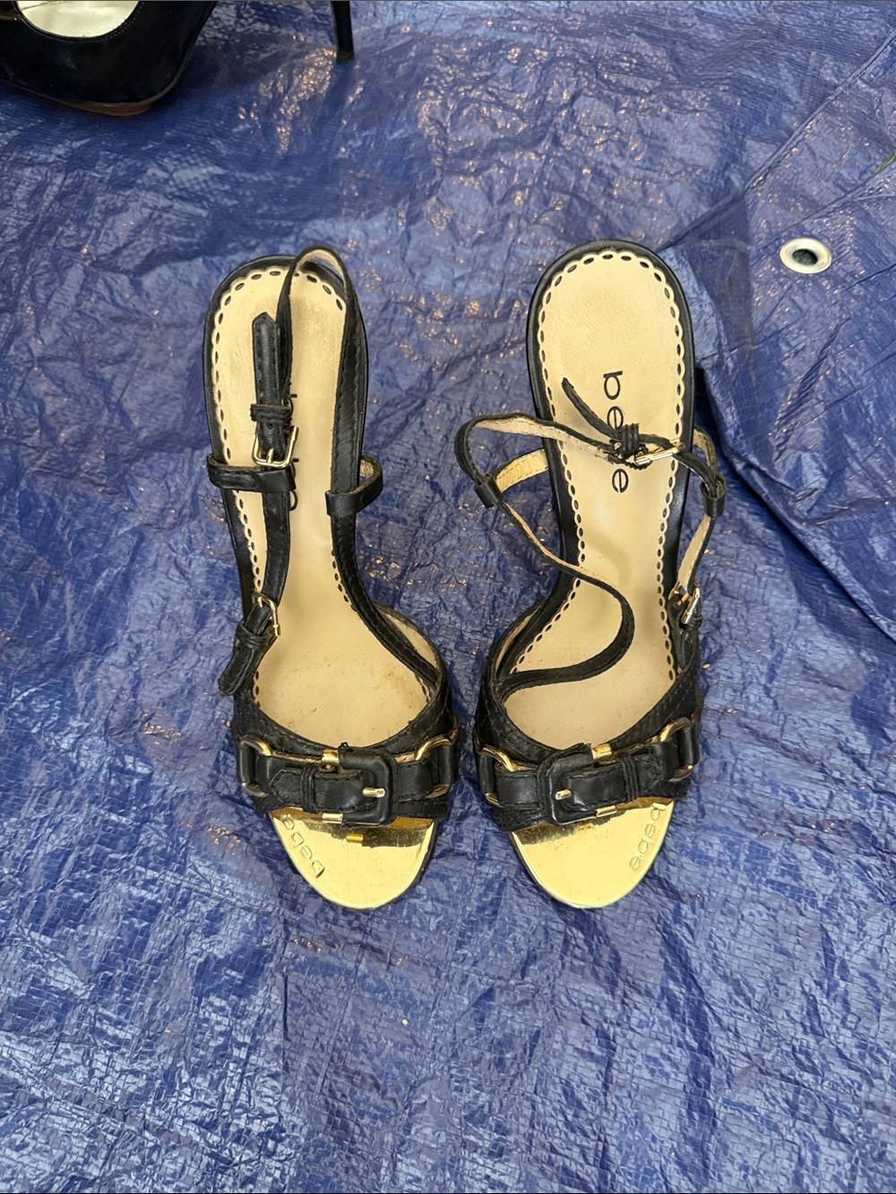 bebe Black and Gold Strappy Buckle Heels